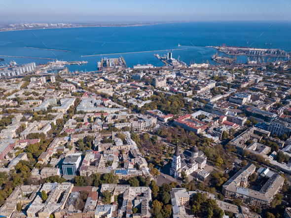Panoramic view of the city of Odessa, from Spaso-Preobrazhensky Cathedral and sea port on a - Stock Photo - Images