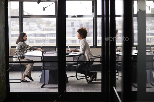 Two millennial businesswomen meeting for a job interview, full length, seen through glass wall - Stock Photo - Images