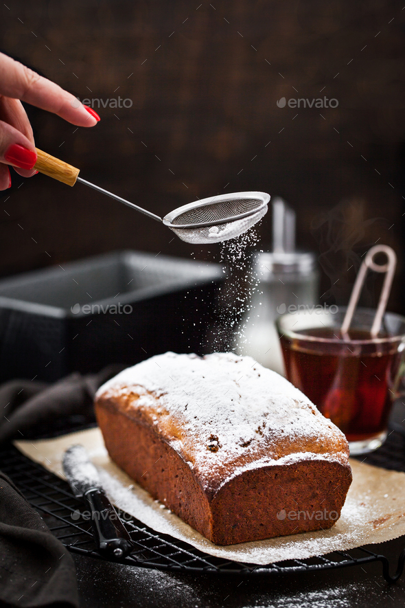 Delicious Homemade Cottage Cheese And Raisins Loaf Cake Stock