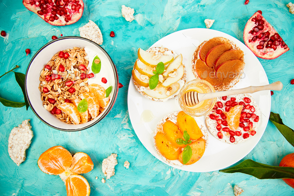 Smoothies bowl granola and Rice Crisp bread - Stock Photo - Images