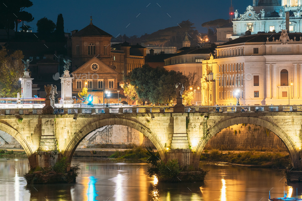 Rome, Italy. Hospital Of Holy Spirit And Aelian Bridge In Evenin - Stock Photo - Images