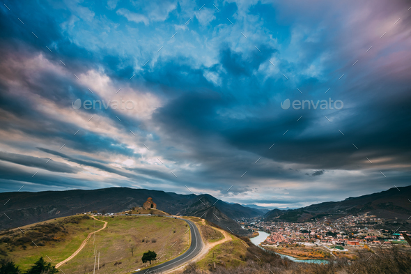 Mtskheta, Georgia. Sunset Sky Above Jvari, Georgian Orthodox Mon - Stock Photo - Images