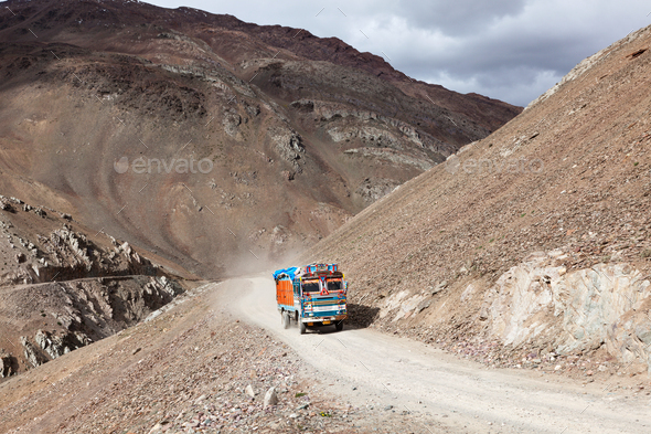 Manali-Leh Road in Indian Himalayas with lorry