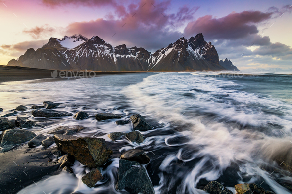 Sunset at Vestrahorn Mountain and Stokksnes beach. Iceland - Stock Photo - Images