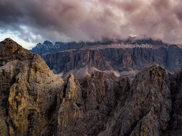 Dolomites, Italy. Landscape at Passo Gardena. Aerial photo - Stock Photo - Images