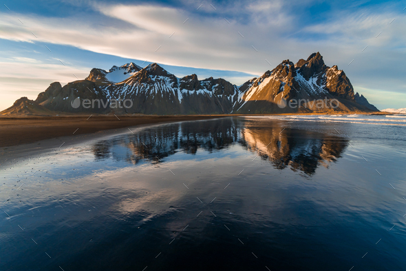 Sunset at Vestrahorn Mountain and Stokksnes beach. Iceland - Stock Photo - Images