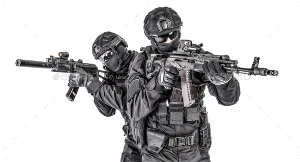 Police elite squad fighters protecting each other - Stock Photo - Images
