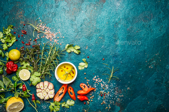 Food Background with Fresh Herbs and Spices. Blue Stone Background, Copy Space - Stock Photo - Images