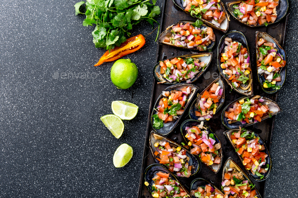 Peruvian Choros a La Chalaca. Mussels with Tomato, Onion and Cilantro Sauce. Top View - Stock Photo - Images