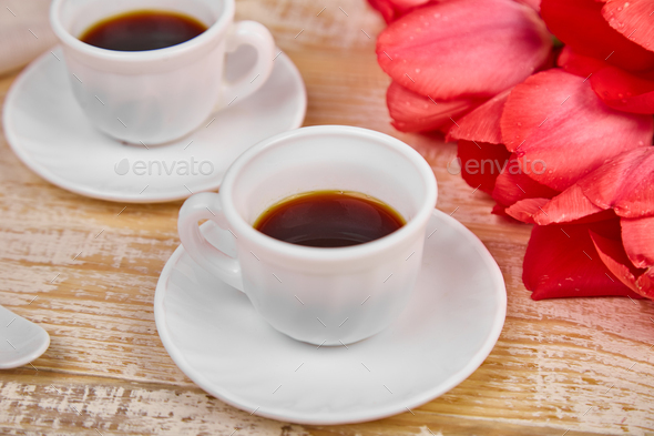 Two Cup Of Coffee Mug With Pink Tulip Flowers Stock Photo By