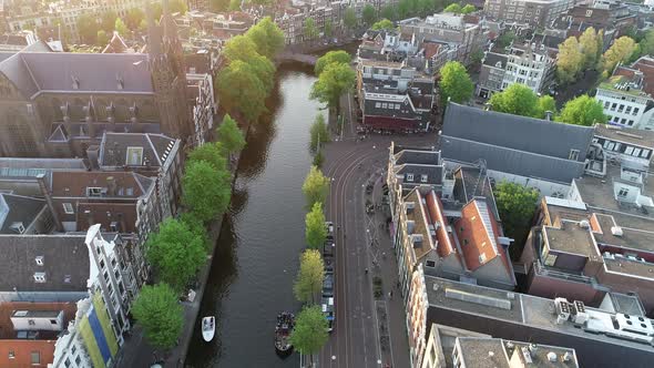 Aerial 4 K View of Canal in Amsterdam City, Netherlands
