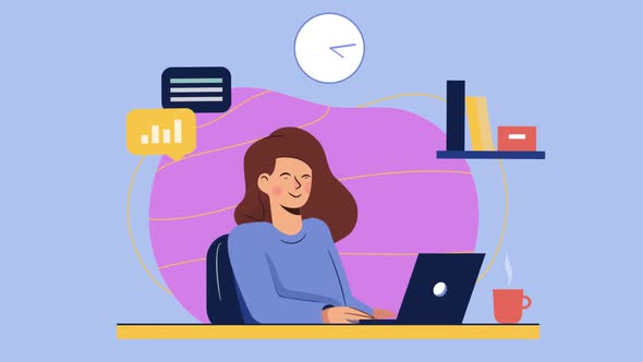 Cartoon Girl Character Work From Laptop Workplace Cartoon Animation. Girl with laptop animation alt
