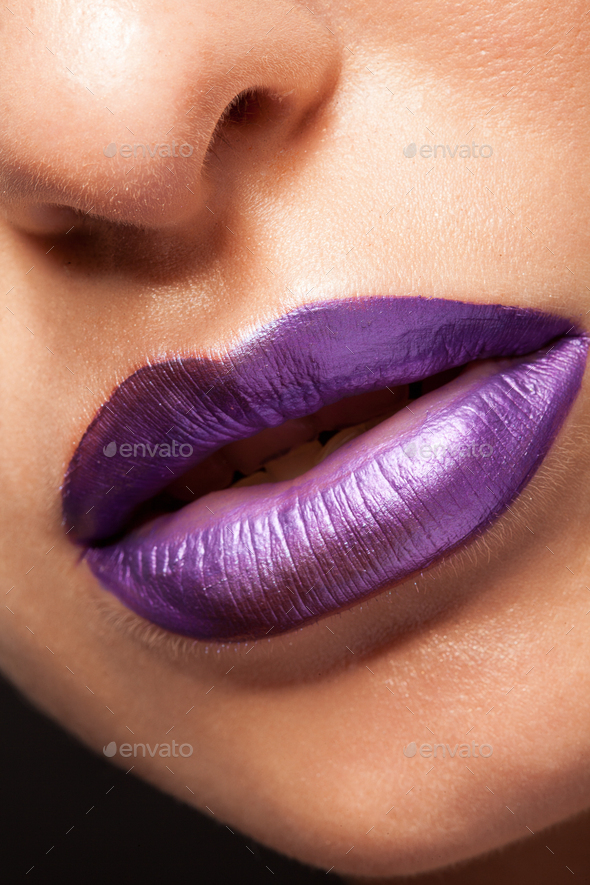 Close Up View Of Beautiful Woman Lips With Mat Purple Lipstick Stock Photo By DC Studio