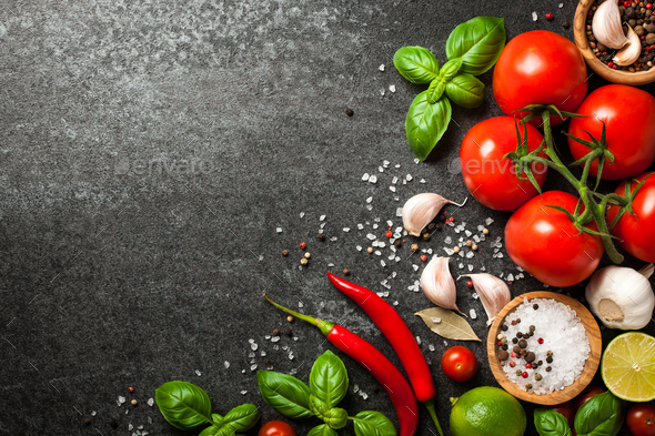 Tomatoes, spices and basil leaves on black background Stock Photo by ff ...