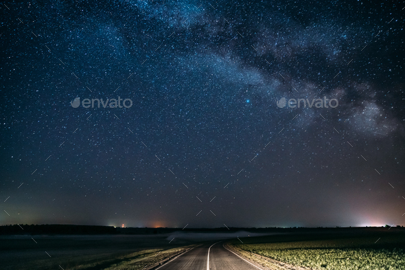 Blue Night Starry Sky Above Country Asphalt Road In Countryside - Stock Photo - Images