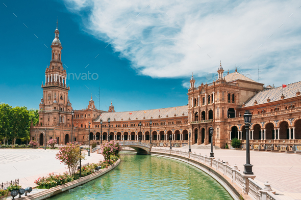 Seville, Spain. Canal Promenade Around Famous Landmark - The Pla - Stock Photo - Images