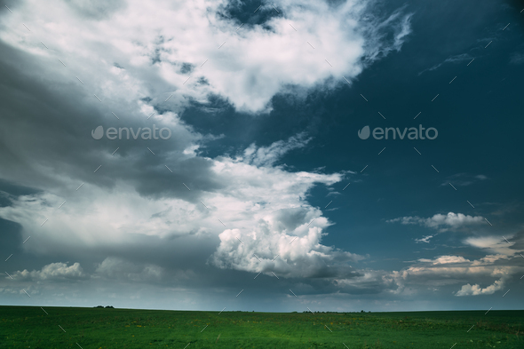 Countryside Rural Field Meadow Landscape In Summer Rainy Day. Sc - Stock Photo - Images