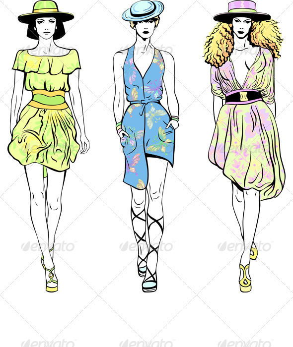 Vector Set Fashion Top Models in Summer Dresses