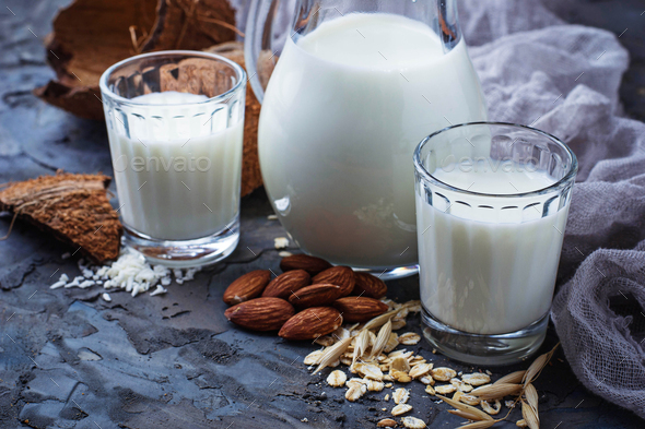 Different types of vegan lactose-free milk Stock Photo by furmanphoto