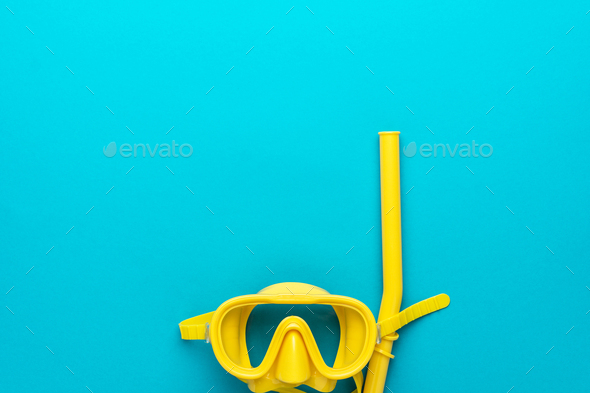 Download Yellow Diving Mask And Snorkel Over Blue Background With Copy Space Stock Photo By Garloon PSD Mockup Templates