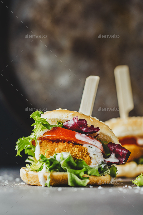 Burger with chicken patty and vegetables