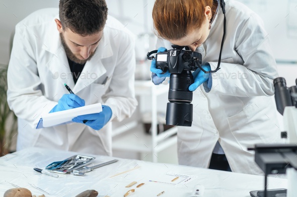Archaeology Researchers in Laboratory, Documenting Artifacts with Camera  Stock Photo by microgen