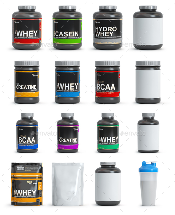 Sport nutrition containers. Set of templates of jars and packs o