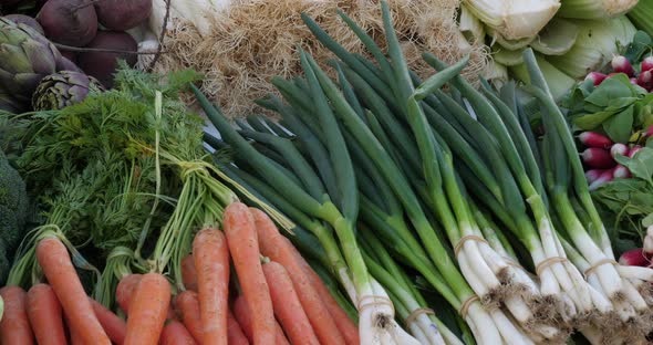 Fresh vegetables on stalls in a southern France market. alt