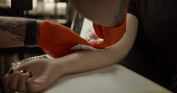 Tattoo Artist Puts a Picture on a Young Woman's Hand, Process of Creating a Tattoo. Close-up View alt
