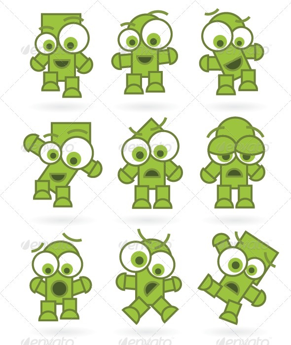 Funny Green Cartoons Characters Set - Characters Vectors