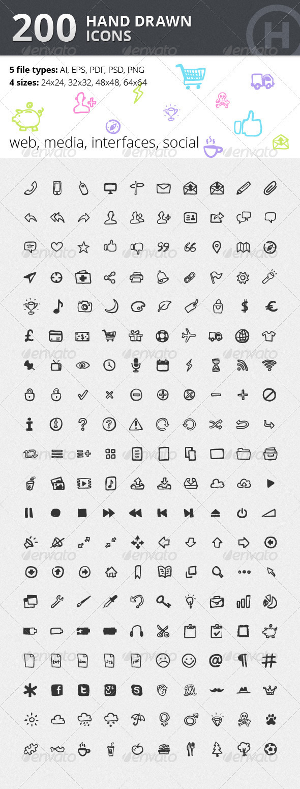 200 Hand Drawn Icons - Web Icons
