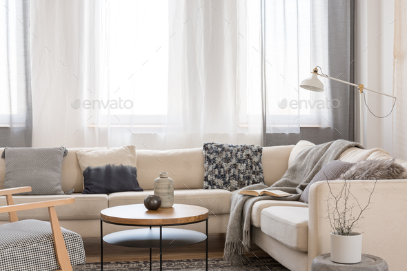 Beige Comfortable Corner Sofa With Grey