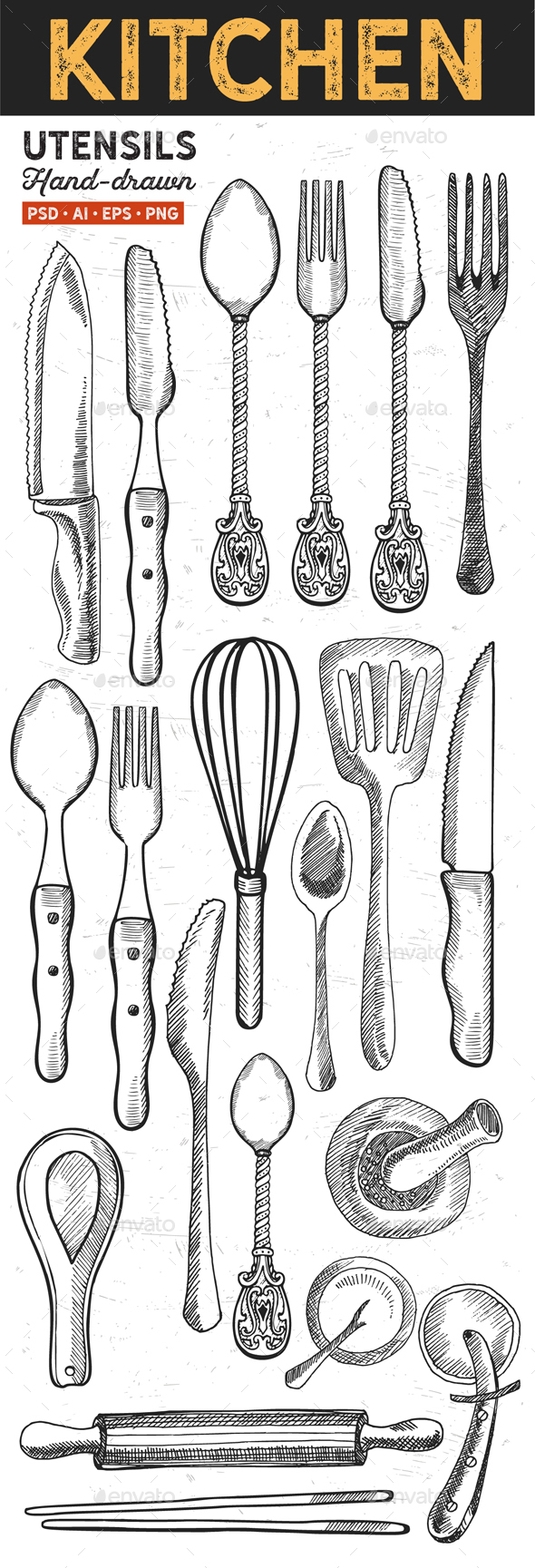 Hand drawn kitchen utensils vector material 01 free download