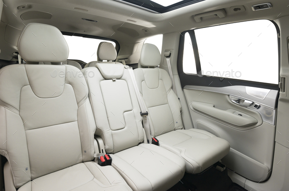 back seats of modern luxury car interior, black leather Stock Photo by  gargantiopa