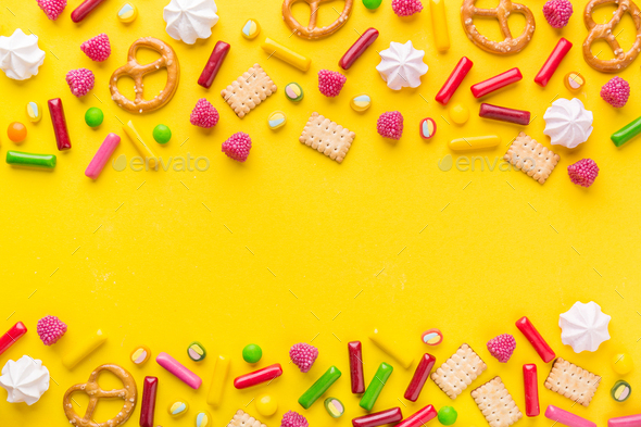 Sweets flat lay on yellow background Stock Photo by kuban-kuban | PhotoDune