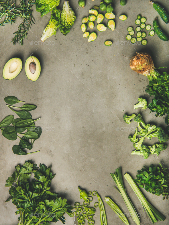 Flat-lay of whole and cut vegetables and herbs, copy space - Stock Photo - Images