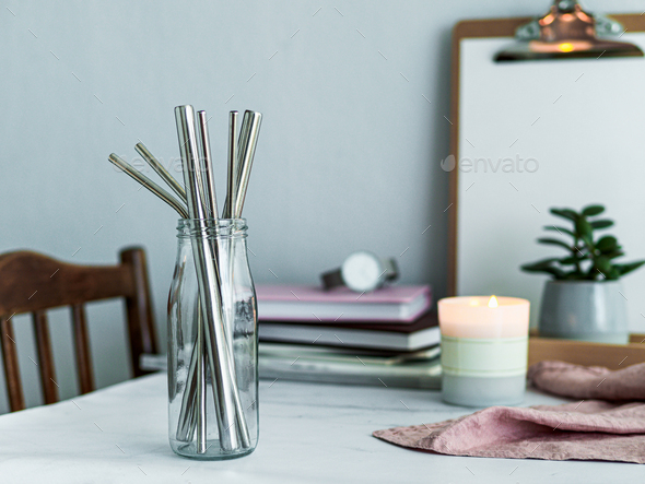 Metal recyclable drinking straws, copy space