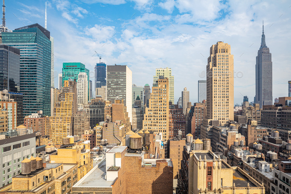 Aerial view of Manhattan skyscrapers, New York city, sunny spring day - Stock Photo - Images