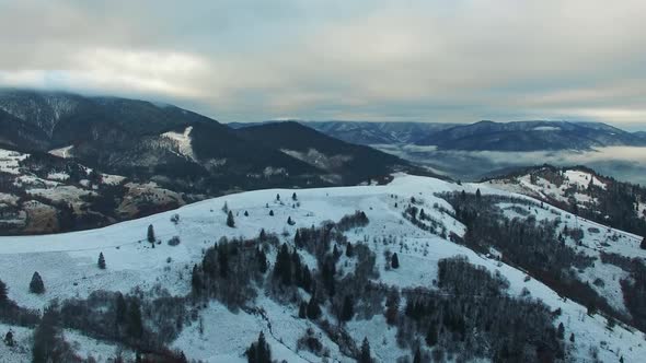 Aerial Top Down View of Flying Above Asphalt Road in Winter Forest alt