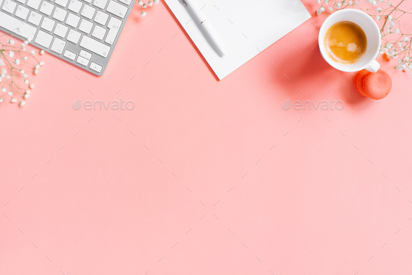 Tender Pink Background With Keyboard and Coffee Stock Photo by AlinaKho