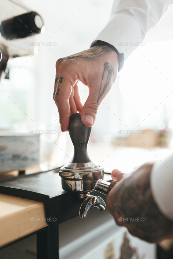 Close Up Of Hands Making Coffee With Espresso Machine Stock Photo, Picture  and Royalty Free Image. Image 19477784.