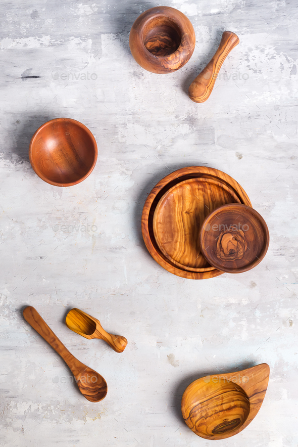 Set of wooden kitchen utensils made from olive wood Stock Photo