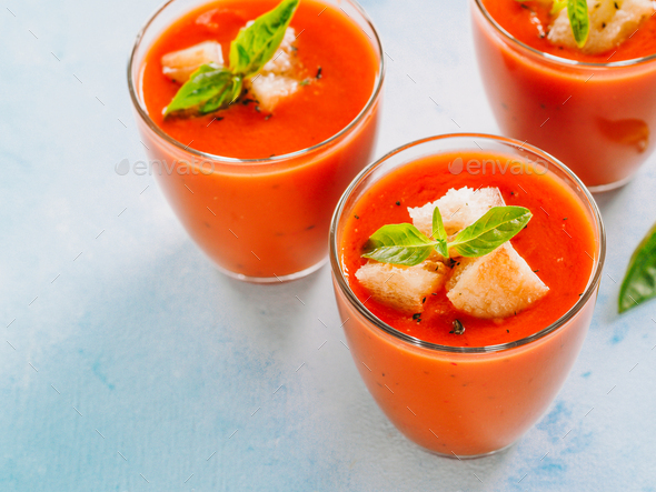 Gaspacho soup in glass, copy space