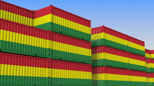 Container Terminal Full of Containers with Flag of Bolivia alt