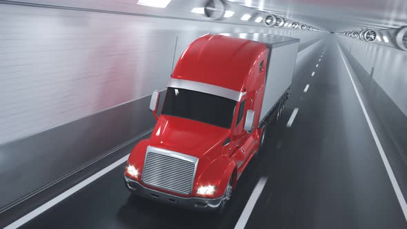 Red semi truck with trailer driving fast through the blurred tunnel. Loop. 4K alt