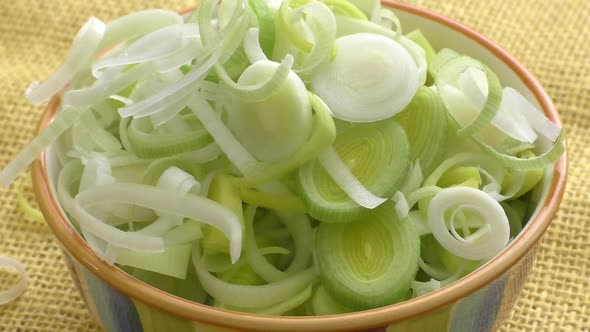 Fresh chopped leek in a ceramic bowl isolated. Sliced leeks