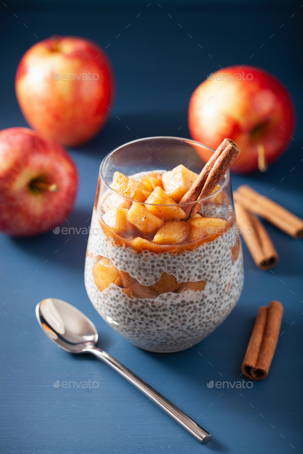 chia pudding with cinnamon simmered apples and peanut butter