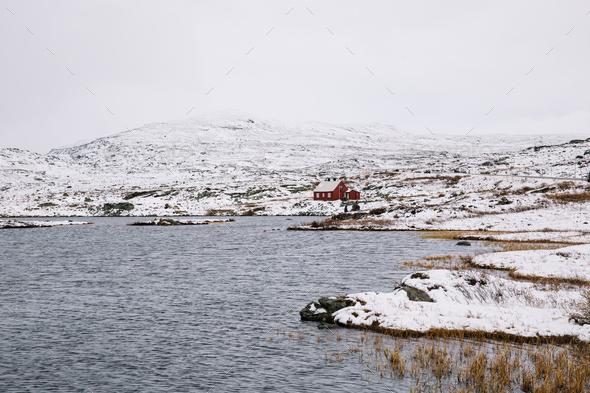 Norwegian Red Cottage surrounded by Snow - Stock Photo - Images