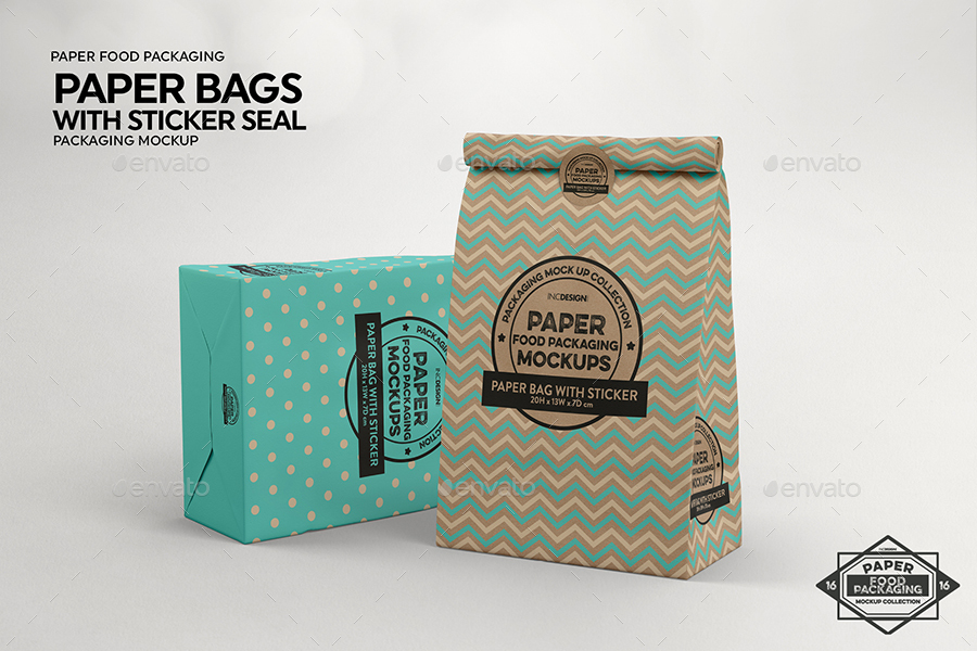 Paper Bags with Sticker Seal Packaging Mockup, Graphics GraphicRiver