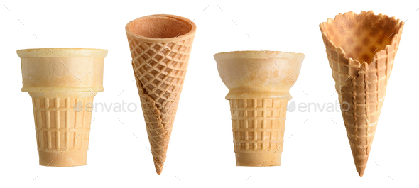 Collection of empty ice cream cone isolated on white background Stock ...